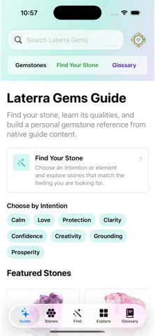 Laterra Gems Guide app showing gemstone reference tools on iPhone