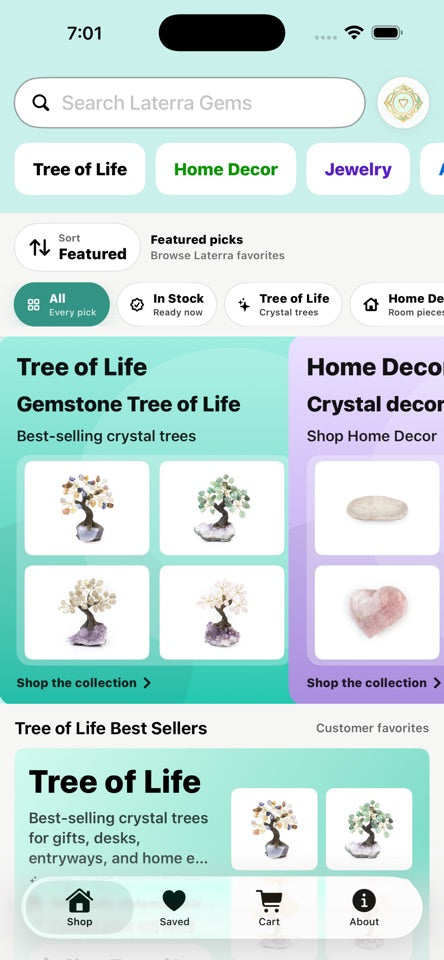 Laterra Gems Shop home screen with search, categories and gemstone collections